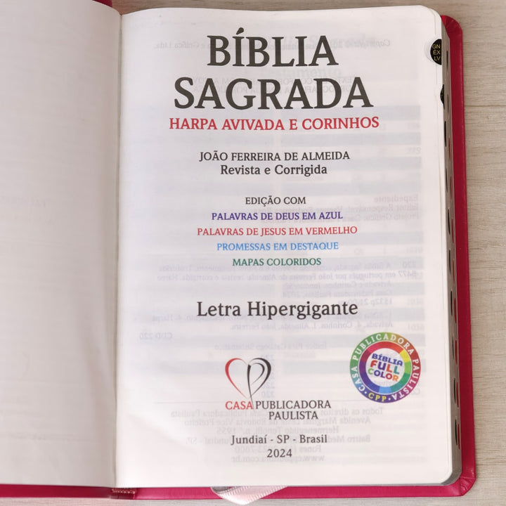 Bíblia Sagrada | Letra Hipergigante | ARC | Harpa Avivada e Corinhos | Capa PU Luxo Floral Dália Pink