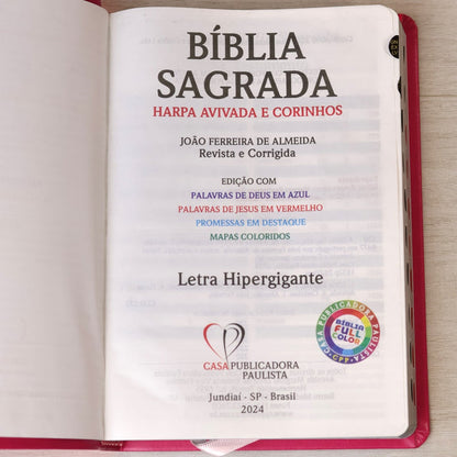 Bíblia Sagrada | Letra Hipergigante | ARC | Harpa Avivada e Corinhos | Capa PU Luxo Floral Dália Pink
