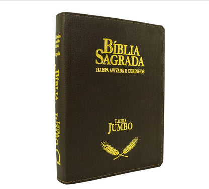 Bíblia ARC Letra Jumbo Com Harpa Avivada e Corinhos - Capa Luxo Marrom Escuro